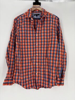 Banana Republic soft wash tailored slim orange plaid button down shirt large